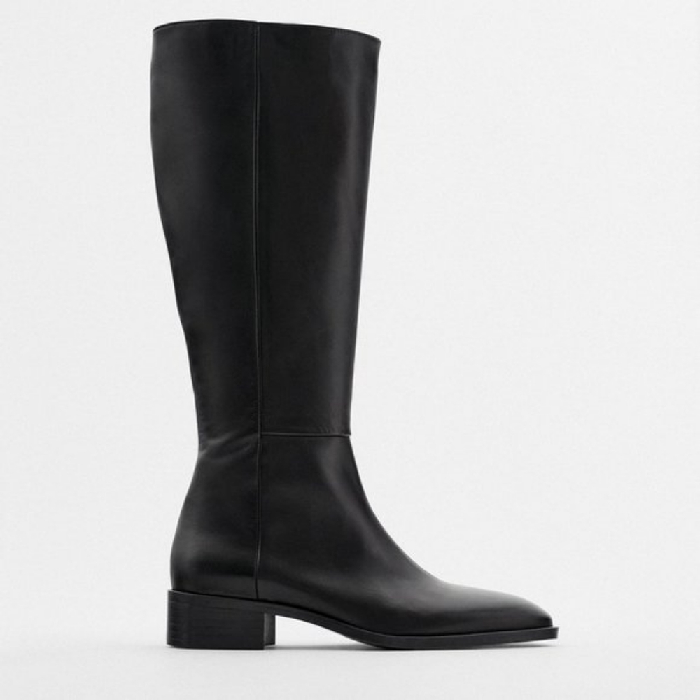 Zara Low Block Heel Leather Boots, Black, 2051/610